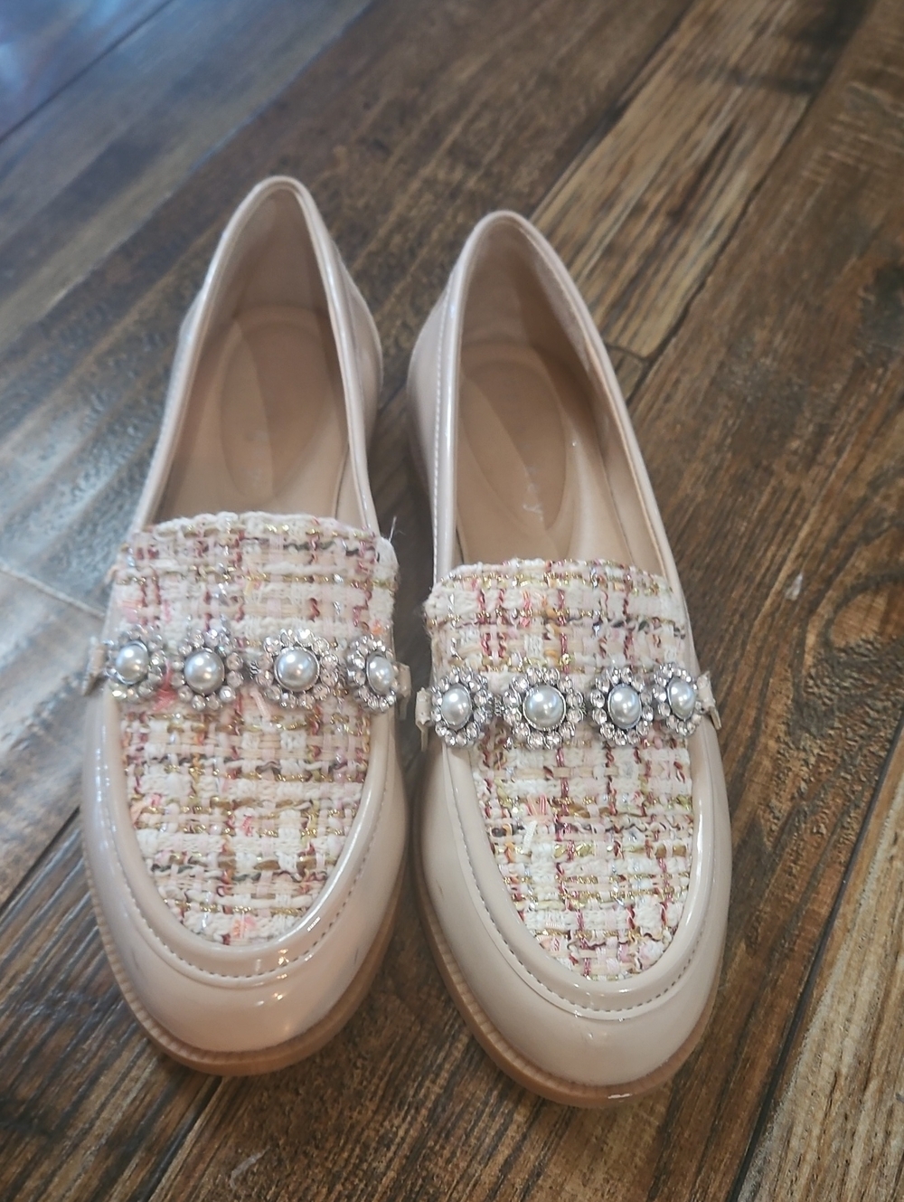 Copper Key Women’s Patent Leather Pearl-Embellished Tweed Loafers in Blush